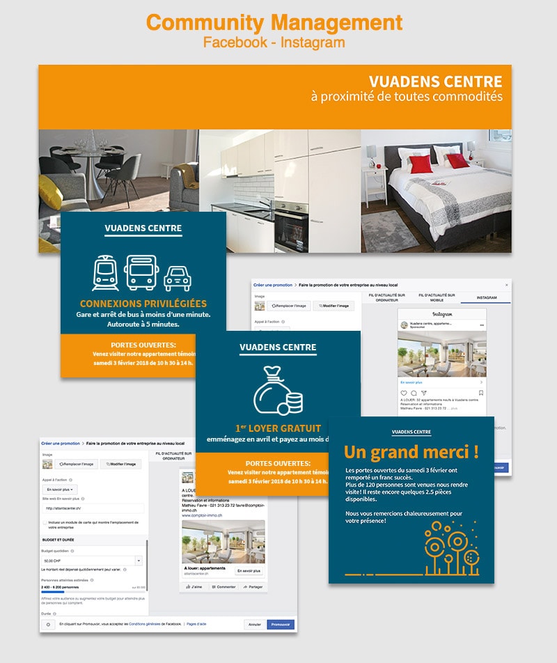 stratégie de communication digital et print appartement Vuadens centre atlantis center